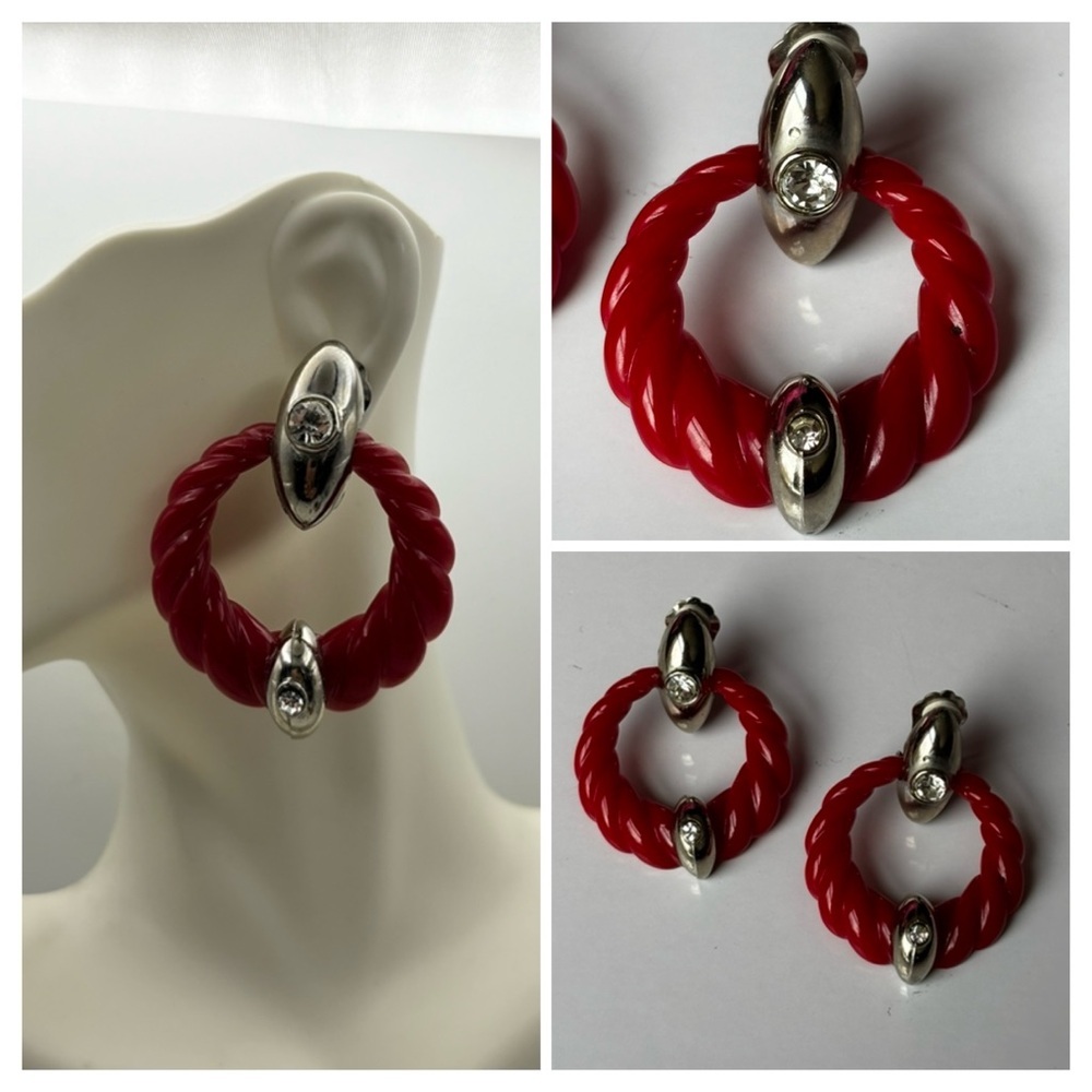 VTG Red Chunky Lucite Twisted Silver Door Knocker Clip Earrings